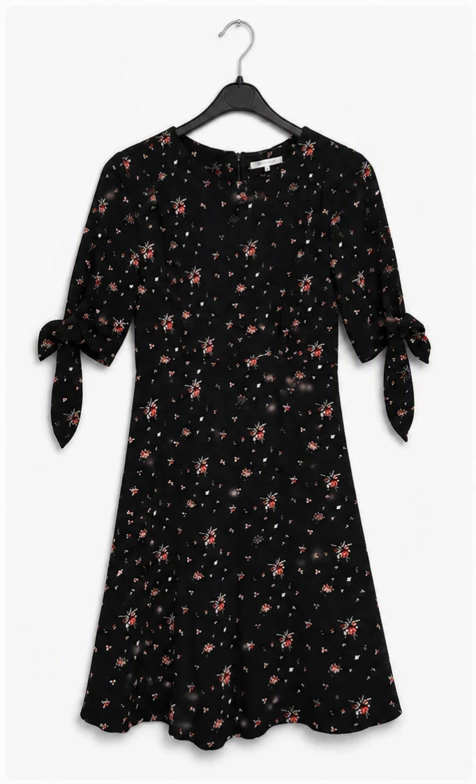 Robe noire fleurie Easy Wear – Taille XS – Manches nouées – Très bon état